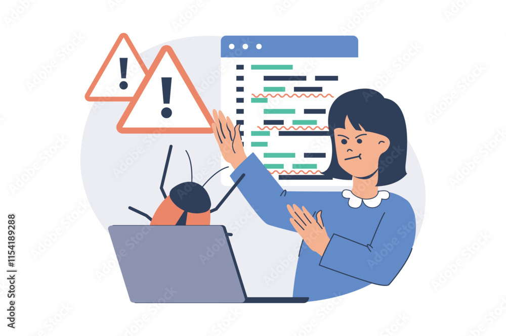 Fototapete Software testing web concept with flat cartoon people for website design. Woman making analysis and finding errors in program, fighting bugs and debugging code, working at laptop. Vector illustration.
