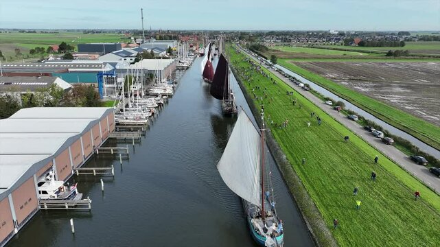 Aerial from ancient sailing boats during the Strontrace in Workum
