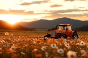 Tractor working in a flower field at sunset with mountains in the background