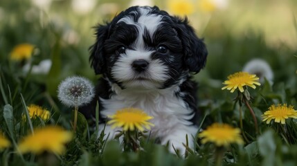 Fototapeta premium Adorable Puppy in Meadow with Dandelions and Lush Greenery