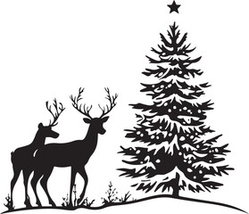 Two Deers and Christmas Tree Silhouette Vector Illustration Graphic