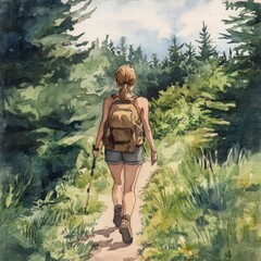 Hiking watercolor illustration of a scenic trail through lush greenery. A call to adventure, fitness, and connection to the outdoors. © MW