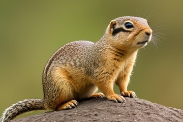 there is a small squirrel sitting on a rock looking up