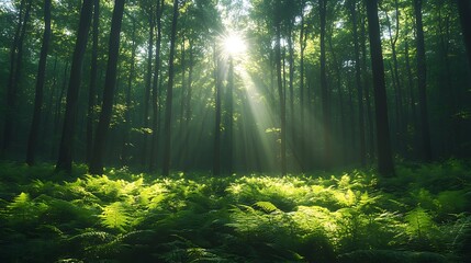 Naklejka premium Sunbeams Illuminate Lush Green Forest Ferns and Trees