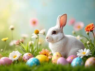 Fototapeta premium White Bunny with Easter Eggs and Flowers Outdoors in Spring
