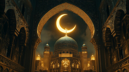 Ramadan Kareem Cultural Islamic Festival Decorative Design with Mosque and Arabic Calligraphy 