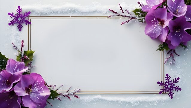 photographic border design evoking a sense of minimalism and elegance, featuring  small flakes, resembling snow or frost, scattered throughout seasonal frame with a few, dainty purple flowers