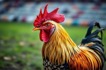 rooster with a red comb and yellow crest standing in a field
