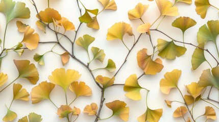 Autumnal Ginkgo Biloba leaves arranged on white background.