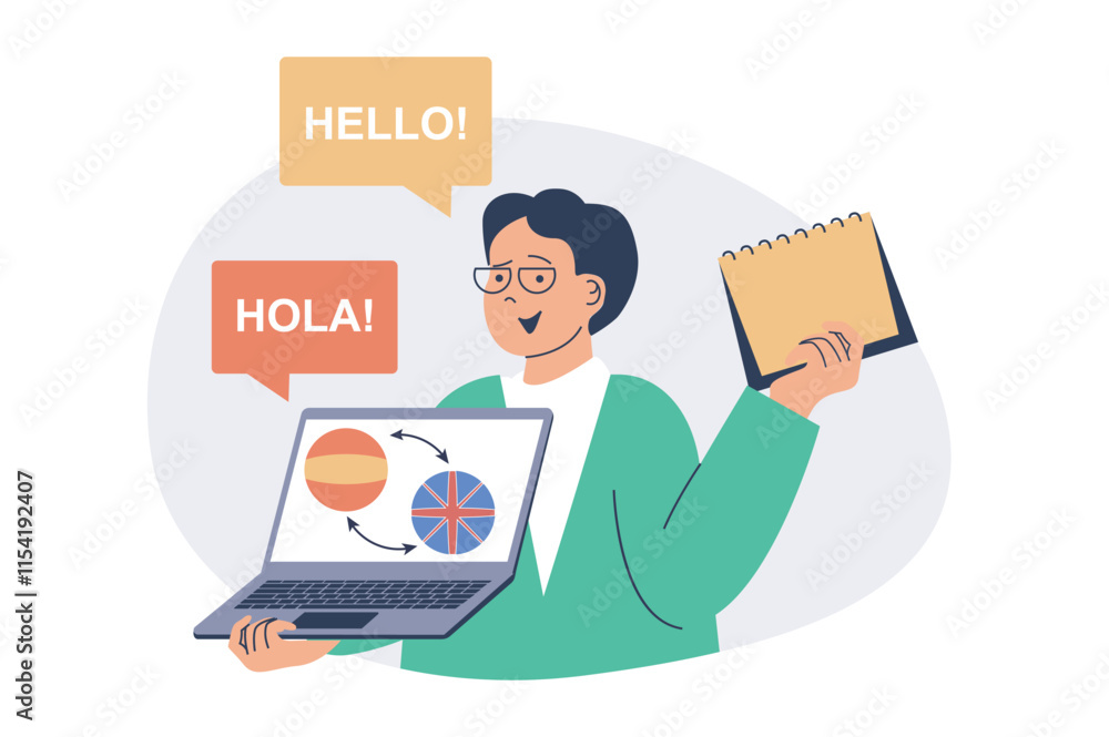 Aufkleber Studying foreign language online web concept with flat cartoon people for website design. Man learning english and spanish with video course, doing lesson trainings at laptop. Vector illustration.