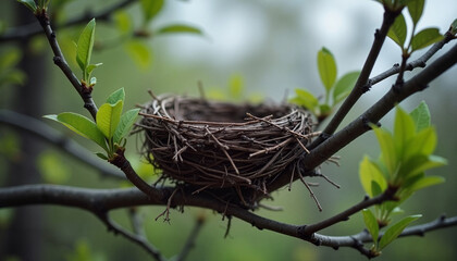 Symbolic representation of an empty bird’s nest on a branch with new spring leaves under overcast evening light