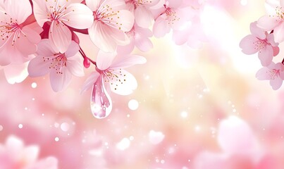Pink cherry blossoms with dewdrop, bokeh background.