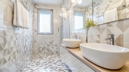 Modern bathroom interior showing geometric tiled walls and floor with two sinks