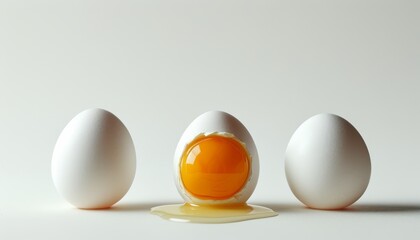 Fresh Eggs With One Cracked Egg Showing Bright Yellow Yolk On Solid Background