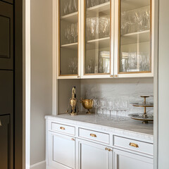 Elegant glass front cabinets display crystal glassware and polished marble countertop, creating sophisticated atmosphere in modern kitchen