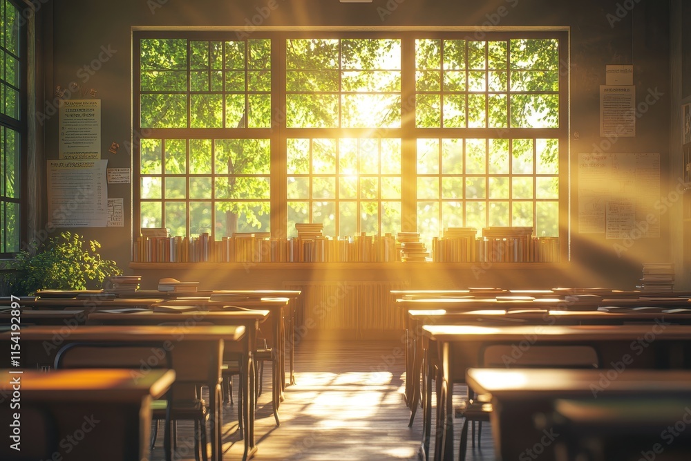 Poster a sunlit classroom with empty desks and books, evoking learning and inspiration.
