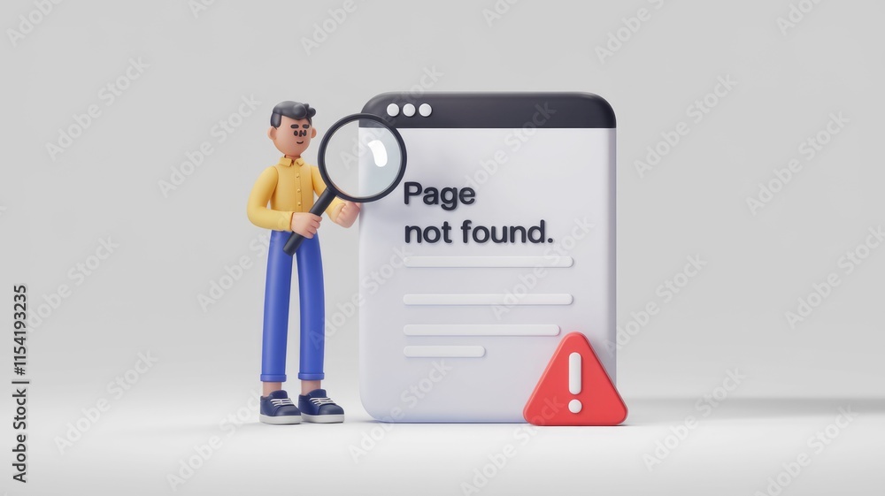 Poster 3D cartoon character investigates a 'Page not found' error on a website.