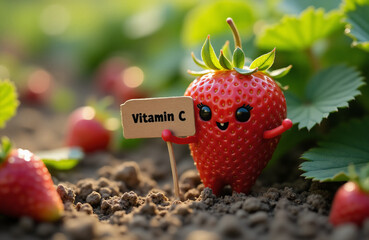 Cheerful character anthropomorphic strawberry holding a vitamin C poster.