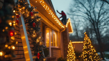 A man on a ladder is putting up Christmas lights on the eaves of a house. Festive holiday decoration generative AI