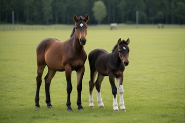 Fototapeta premium there are two horses standing in a field together