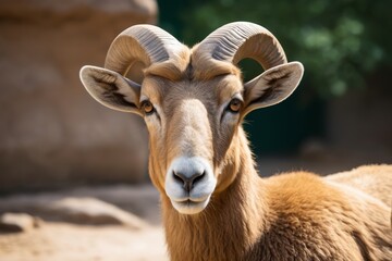 there is a goat with large horns standing in the dirt