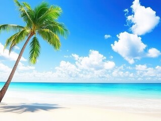 Fototapeta premium Serene Tropical Beach with Vibrant Blue Water and Lush Green Palm Tree