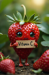 Cheerful character anthropomorphic strawberry holding a vitamin C poster.