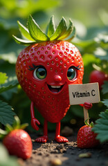 Cheerful character anthropomorphic strawberry holding a vitamin C poster.