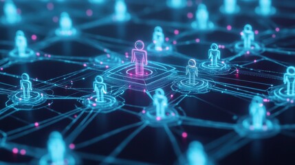 Global Network Connection: Abstract digital illustration of interconnected human figures, symbolizing global networking, communication, and community.  A central figure glows brightly.