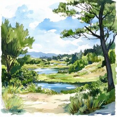 Fototapeta premium Scenic view watercolor illustration of rolling hills under a vibrant sky. Represents serenity, natural beauty, and peaceful escapes.