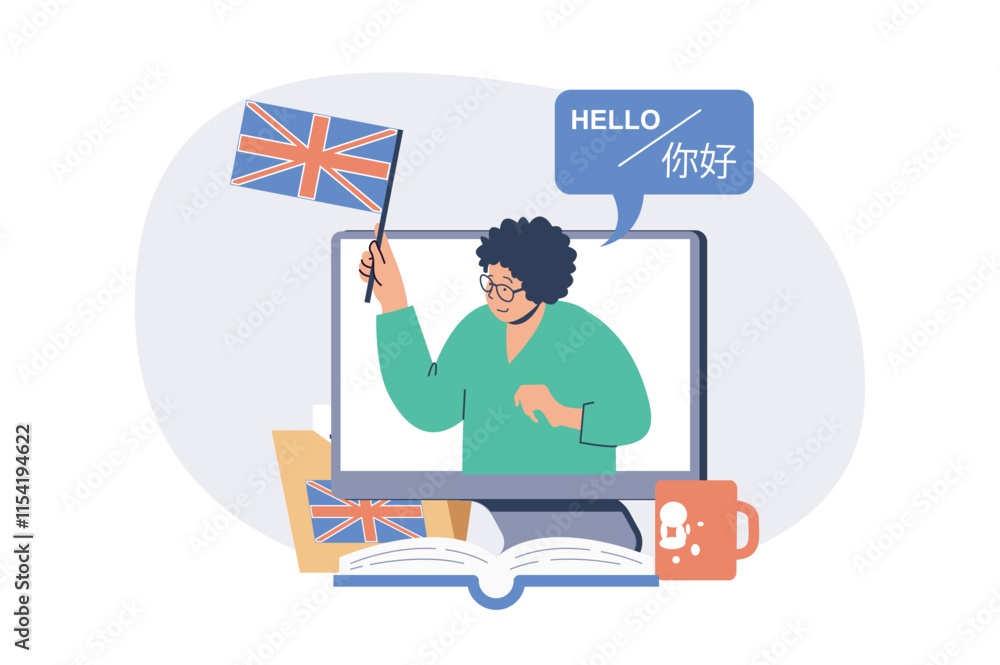 Aufkleber Studying foreign language online web concept with flat cartoon people for website design. Student learning new language, watching video with teacher at computer and reading books. Vector illustration.