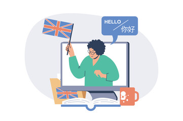 Studying foreign language online web concept with flat cartoon people for website design. Student learning new language, watching video with teacher at computer and reading books. Vector illustration.