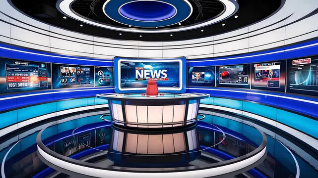 Modern News Studio with High-Tech Digital Screens and Futuristic Lighting for Broadcasting and Live Reporting

