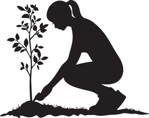 Woman Planting a Tree Silhouette Vector Illustration Graphic