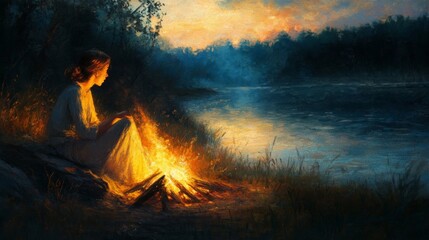 Young caucasian female sitting by campfire near river at sunset in a tranquil forest