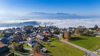 The village of Übersaxen above the Rhine Valley, State of Vorarlberg, Austria, Drone Photography