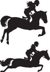 Women Jockey on Race Horse Silhouette Set Vector Illustration Graphic