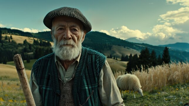 Elderly shepherd with staff in mountainous field. - Powered by Adobe