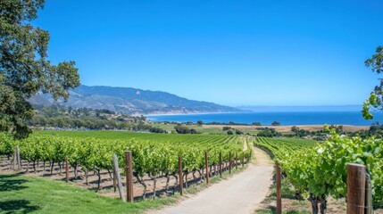 Obraz premium Scenic Vineyards on Coastal Landscape with Clear Blue Sky and Ocean