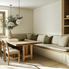 cozy dining area featuring wooden table, cushioned bench, and stylish decor. neutral tones and natural light create warm and inviting atmosphere perfect for gatherings
