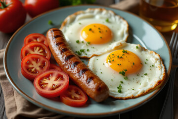 Plate with two fried eggs, sausage and slices of tomatoes, top view