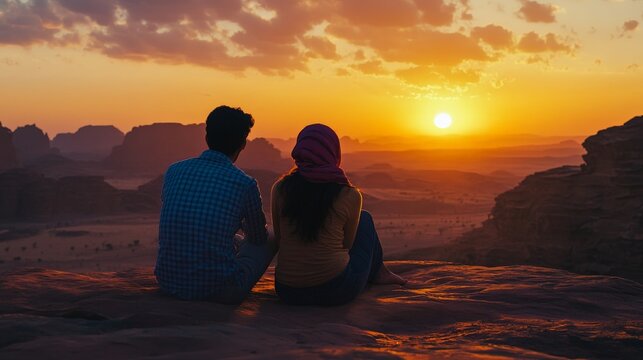 Young couple enjoying desert sunset over stunning landscape scenery