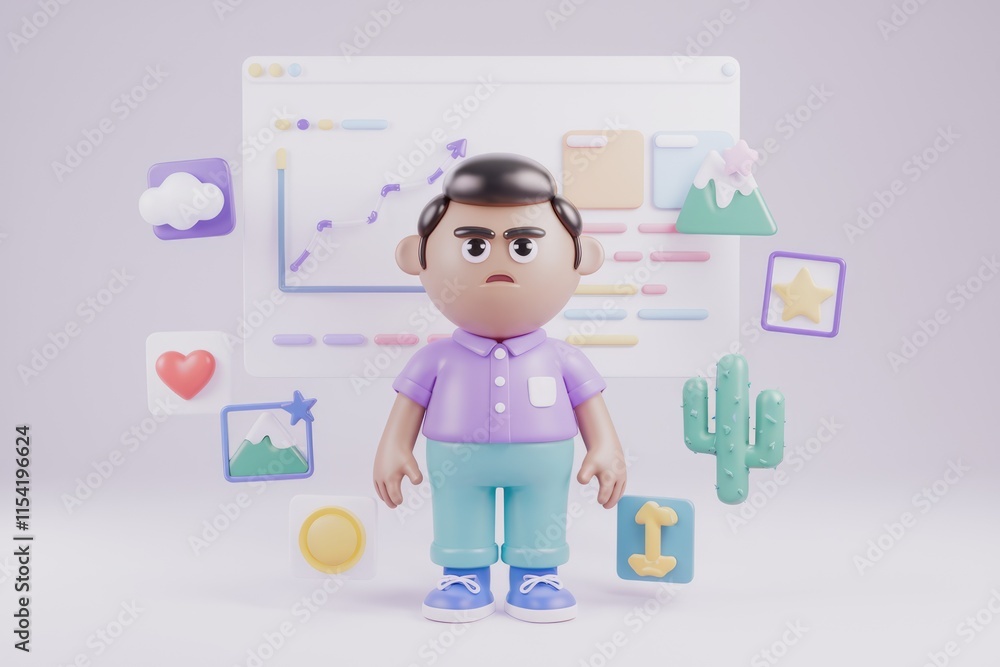 Poster a 3d cartoon character looks frustrated with app design and data charts.