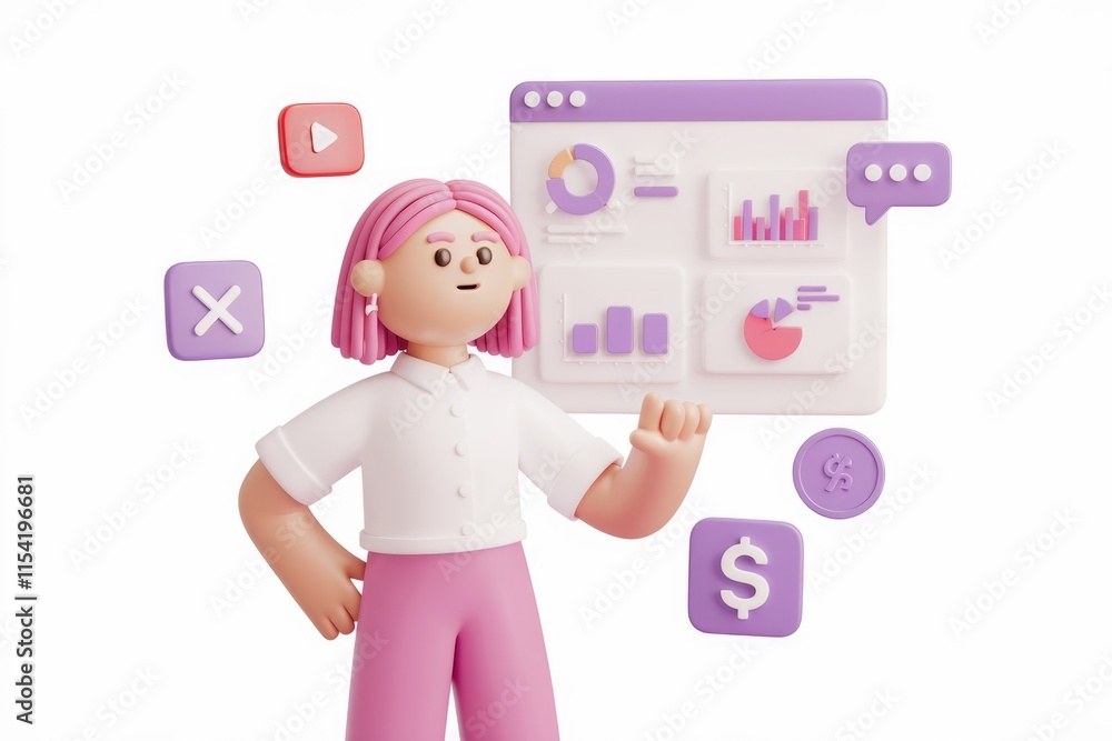 Poster a 3d cartoon girl analyzing data on a digital dashboard, showcasing business analytics and financial
