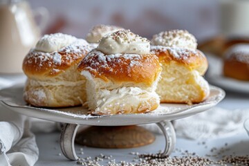 Fototapeta premium Freshly baked semla buns filled with whipped cream and topped with icing sugar, presented on a cake stand