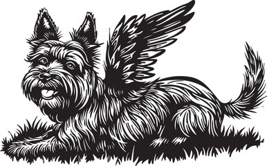 Yorkshire Terrier Dog Lying Down with Angel Wings Stylized Silhouette Vector Illustration Graphic
