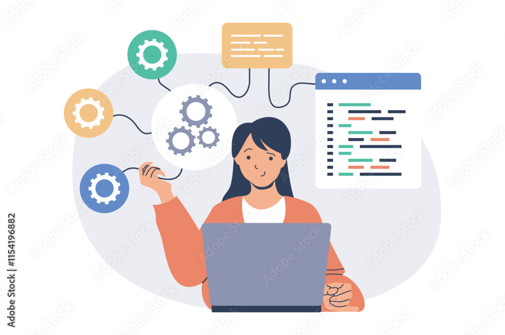 Leinwandbilder system administrator web concept with flat cartoon people for website design. woman monitoring serve