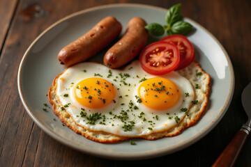 Plate with two fried eggs, sausage and slices of tomatoes, top view