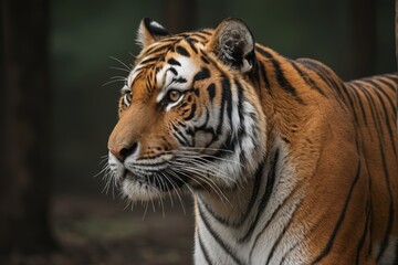 there is a tiger that is standing in the woods looking at something