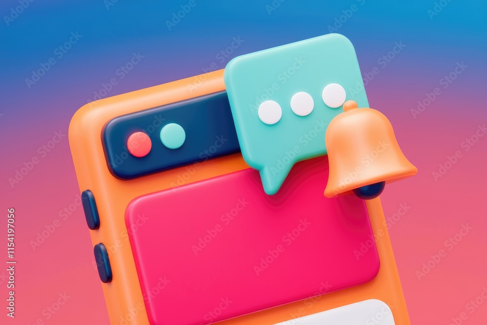 Fototapete 3D render of a smartphone with notification icons; a message bubble and a bell, indicating new messages.